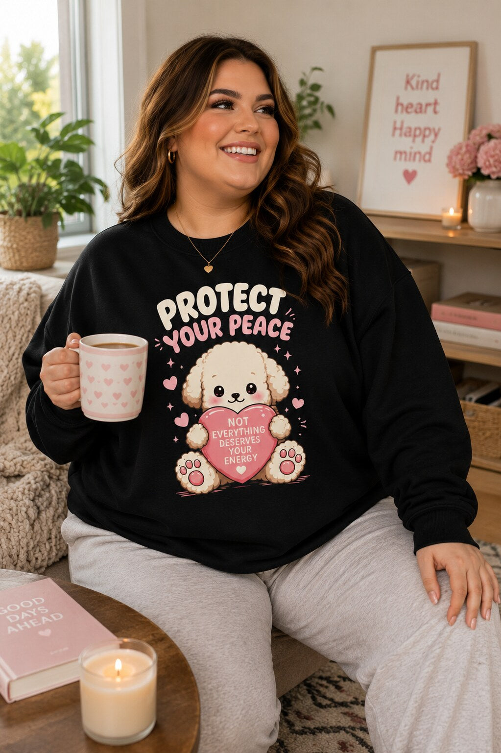 Protect Your Peace Kawaii Puppy Crewneck Sweatshirt lifestyle mockup
